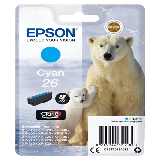 [15556] [C13T26124022] Epson Claria Premium Cartucho cian 26 (Blister + Alarma acustico/Radiofrecuencia)