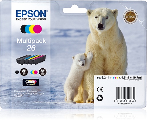[15559] [C13T26164020] Epson Claria Premium Cartucho 26 Multipack 4 colores (Blister + Alarma acustico/Radiofrecuencia)