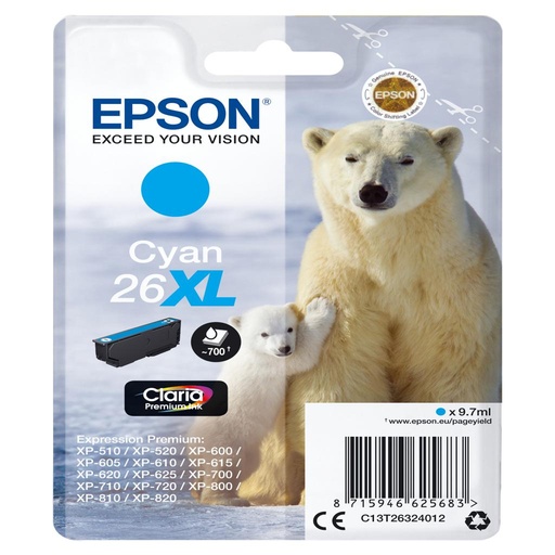 [15562] [C13T26324022] Epson Claria Premium Cartucho Cian 26XL Alta(Blister + Alarma acustico/Radiofrecuencia)