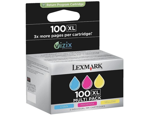 [12976] Lexmark Pack de 3 cartuchos de tinta de color cian, magenta y amarillo (CMY) Alto Rendimiento 100XL