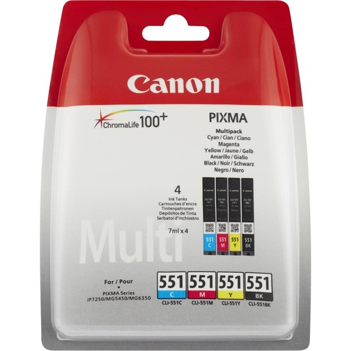 [38399] [6508B006] Canon CLI-551 B/C/M/Y Standard Capacity, 4-pack Blister Pixma iP7250/iP8750