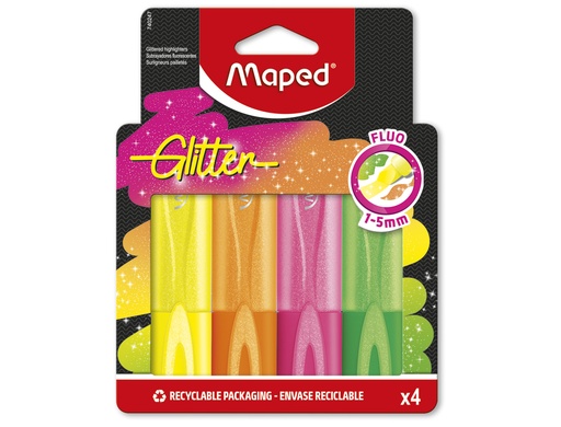 [173417] Rotulador maped fluorescente glitter blister de 4 unidades colores surtidos