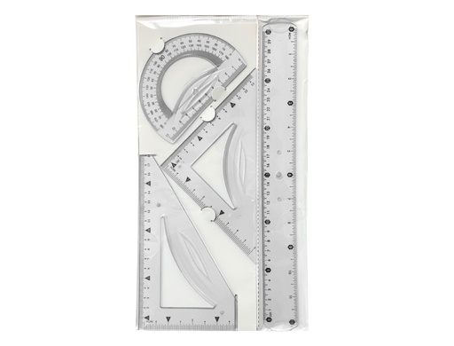 [169696] Juego escuadra 21 cm cartabon 21 cm regla 30 cm y semicirculo plastico flexible en petaca liderpapel