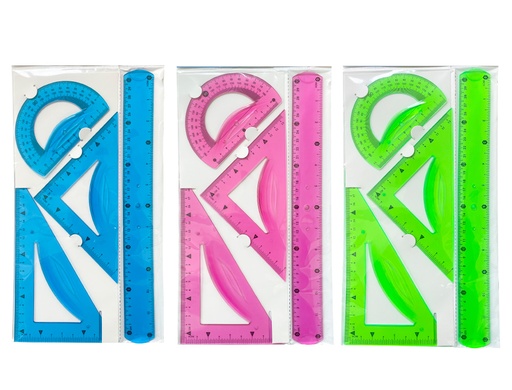 [169695] Juego escuadra 21 cm cartabon 21 cm regla 30 cm y semicirculo plastico flexible en petaca liderpapel colores