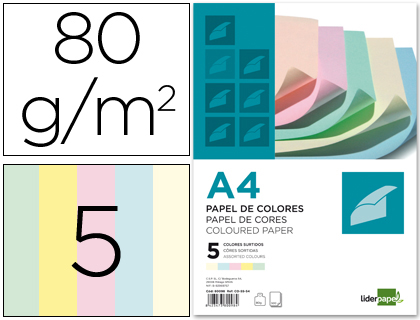 [80098] Papel color liderpapel a4 80gr 5 colores surtidos paquete de 500 hojas