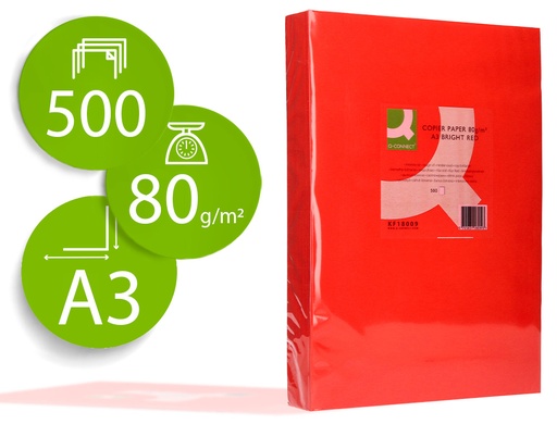 [72196] Papel color q-connect din a3 80gr rojo intenso paquete de 500 hojas