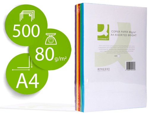 [72069] Papel color q-connect din a4 80 gr 5 colores surtidos intensos paquete de 500 hojas