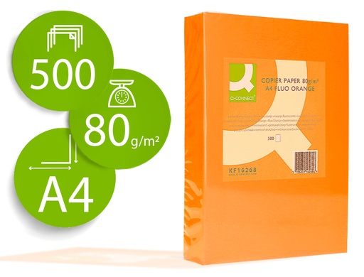[72068] Papel color q-connect din a4 80gr naranja neon paquete de 500 hojas