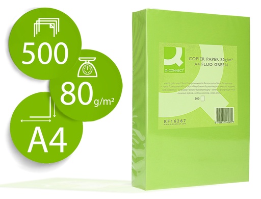[72067] Papel color q-connect din a4 80gr verde neon paquete de 500 hojas