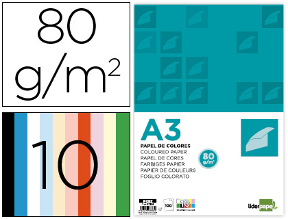 [67883] Papel color liderpapel a3 80gr 10 colores surtidos paquete 100 hojas