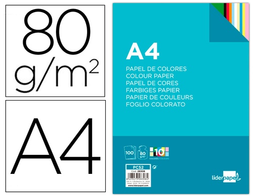 [28308] Papel color liderpapel a4 80gr 10 colores surtidos paquete de 100 hojas