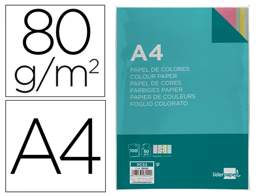 [28242] Papel color liderpapel a4 80gr 4 colores surtidos paquete de 100 hojas