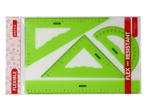 [226297] Juego escuadra cartabon regla safta flexible surtido de 3 colores