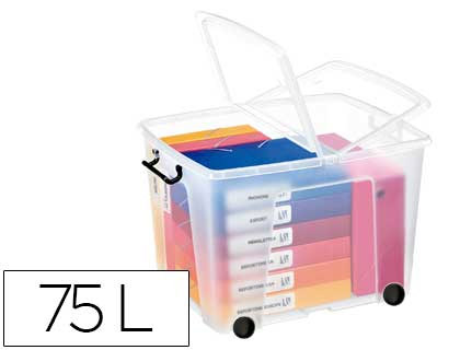 [57164] Contenedor plastico cep 75 litros 485x600x415 mm transparente con tapa cierre hermetico y 4 ruedas