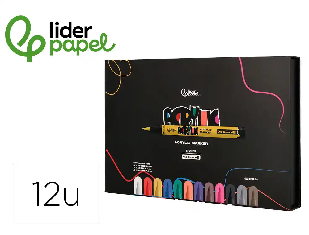 [171393] Rotulador liderpapel acrylic base agua todo tipo de superficie punta pincel caja de 12 unidades colores surtidos