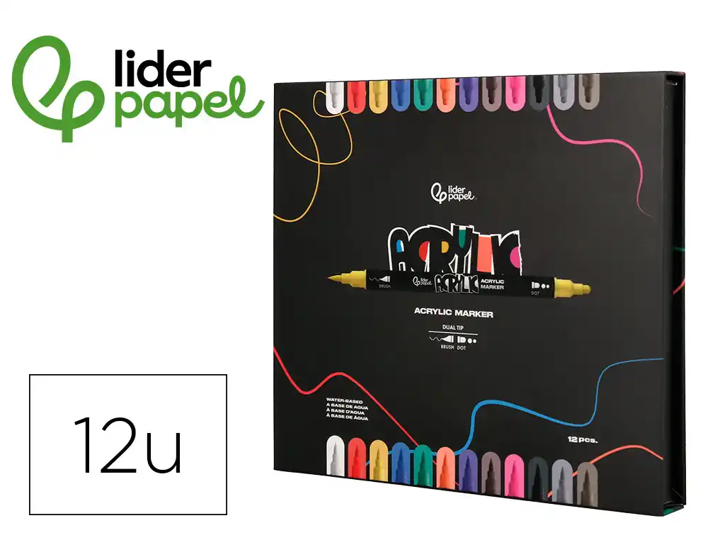 [171392] Rotulador liderpapel acrylic base agua todo tipo de superficie doble punta pincel y dot caja de 12 unidades surtidas