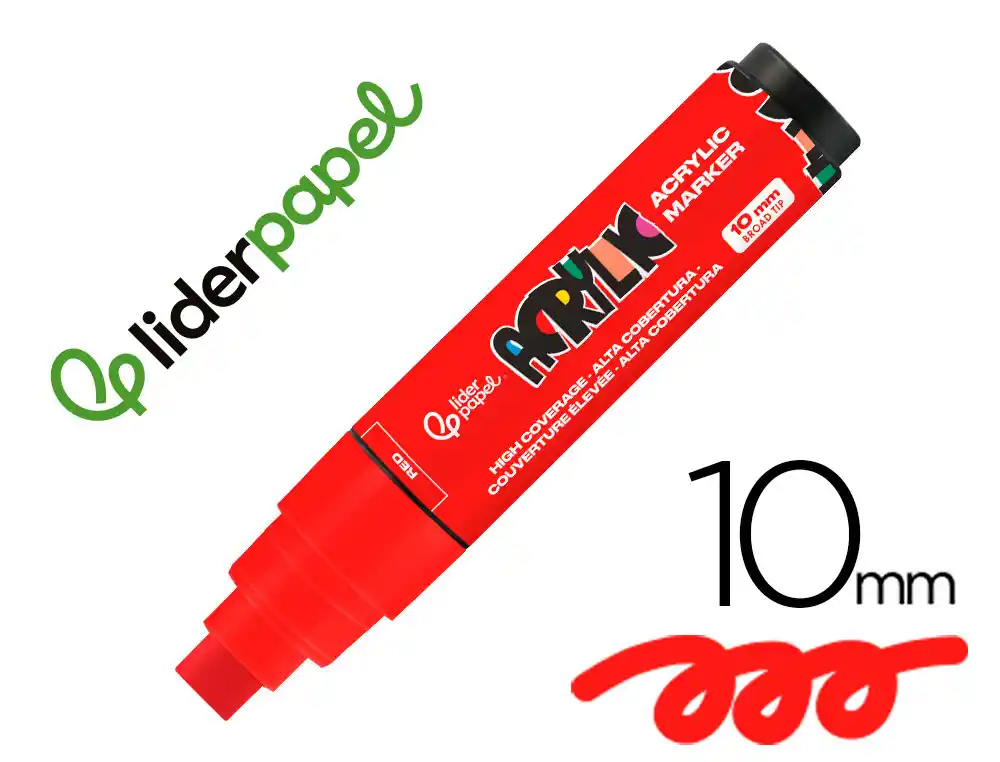 [171390] Rotulador liderpapel acrylic base agua todo tipo de superficie punta rectangular 10 mm rojo