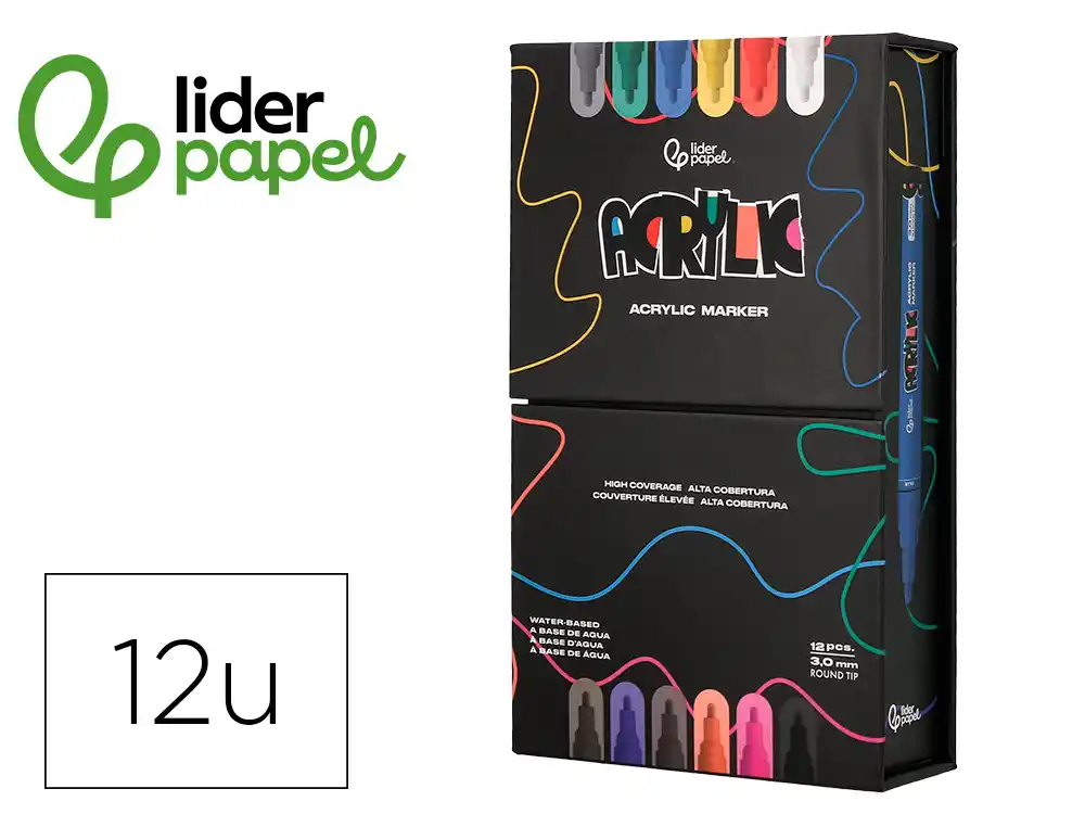 [171365] Rotulador liderpapel acrylic base agua todo tipo de superficie punta redonda 3 mm caja de 12 unidades colores surtidos