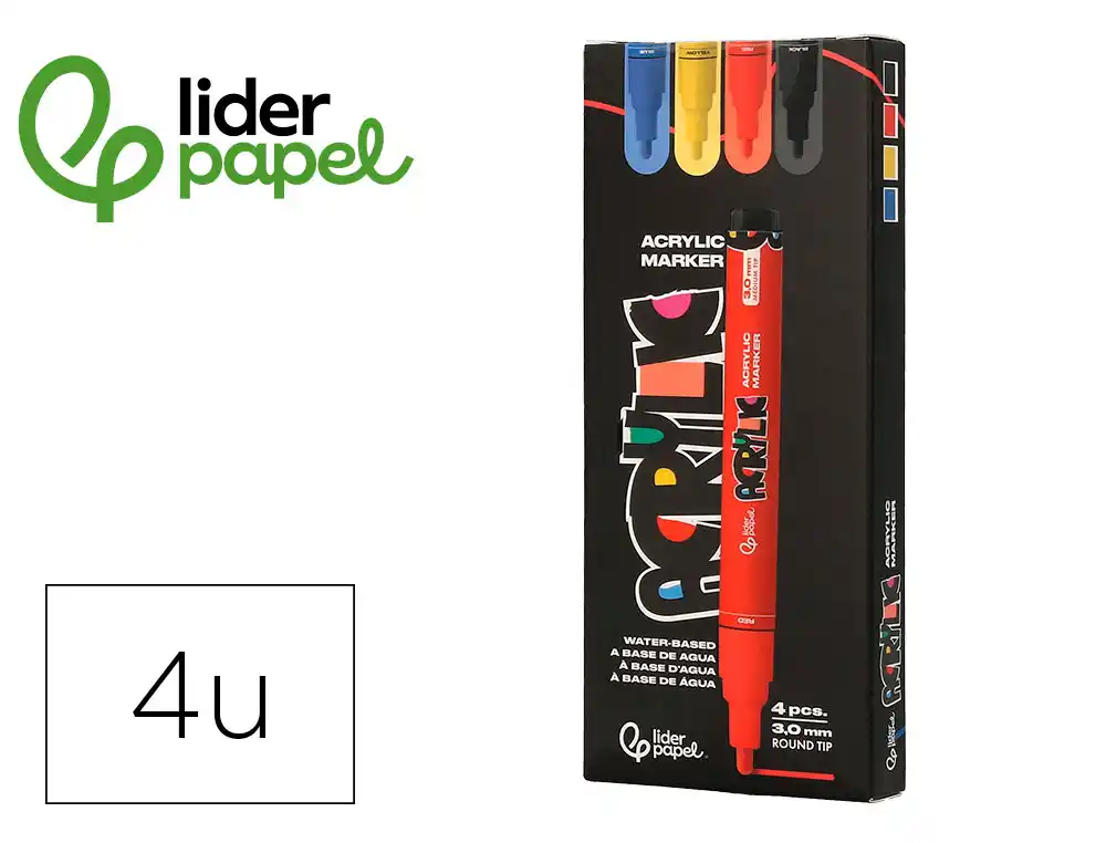 [171364] Rotulador liderpapel acrylic base agua todo tipo de superficie punta redonda 3 mm caja de 4 unidades colores basicos