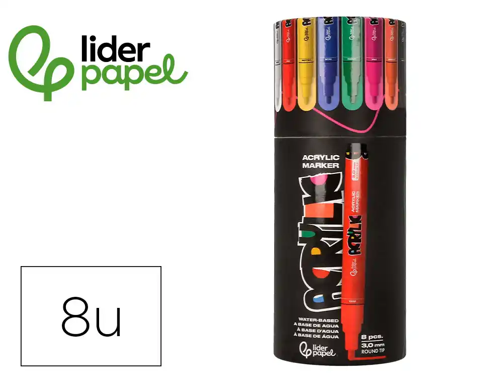 [171362] Rotulador liderpapel acrylic base agua todo tipo de superficie punta redonda 3mm caja de 8 unidades colores intensos