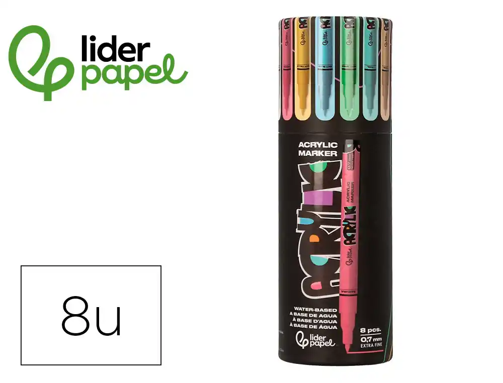 [171360] Rotulador liderpapel acrylic base agua todo tipo de superficie punta fina 0,7 mm caja de 8 unidades colores pasteles
