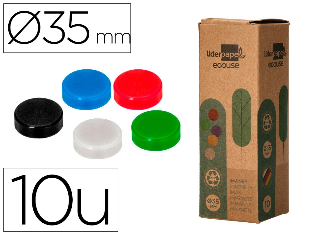 [166340] Iman para sujecion liderpapel ecouse pp reciclado para pizarra magnetica 35 mm caja de 10 unidades