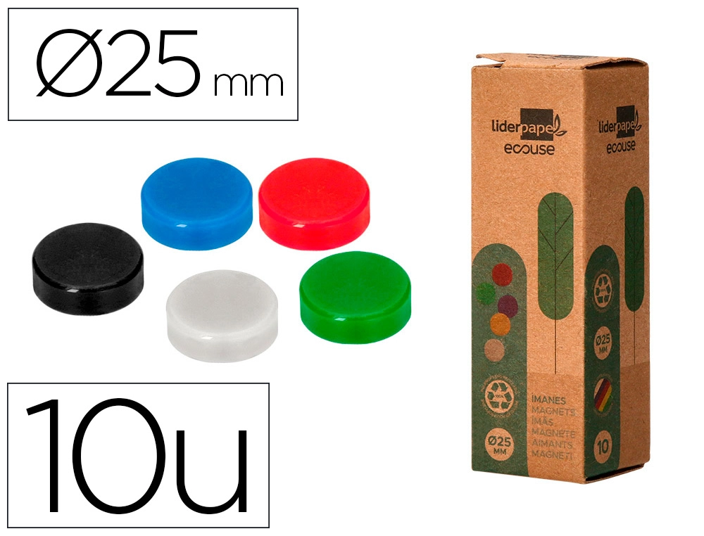 [166339] Iman para sujecion liderpapel ecouse pp reciclado para pizarra magnetica 25 mm caja de 10 unidades