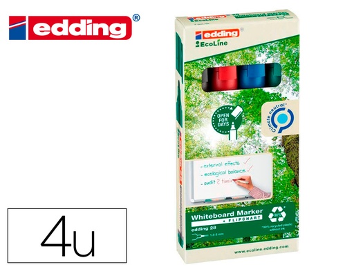 [164498] Rotulador edding 28 para pizarra blanca ecoline 90% reciclado bolsa 4 colores surtidos punta redonda 1,5-3