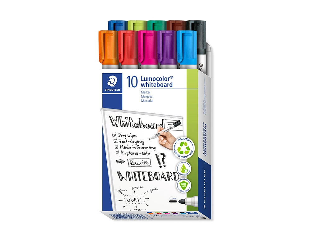 [163614] Rotulador staedtler lumocolor 351 para pizarra blanca punta redonda 2 mm recargable caja 10 unidades colores surtidos