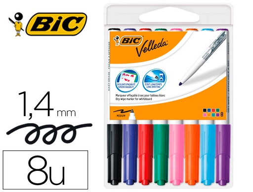 [155082] Rotulador bic velleda para pizarra punta redonda 2 mm bolsa de 8 unidades colores surtidos