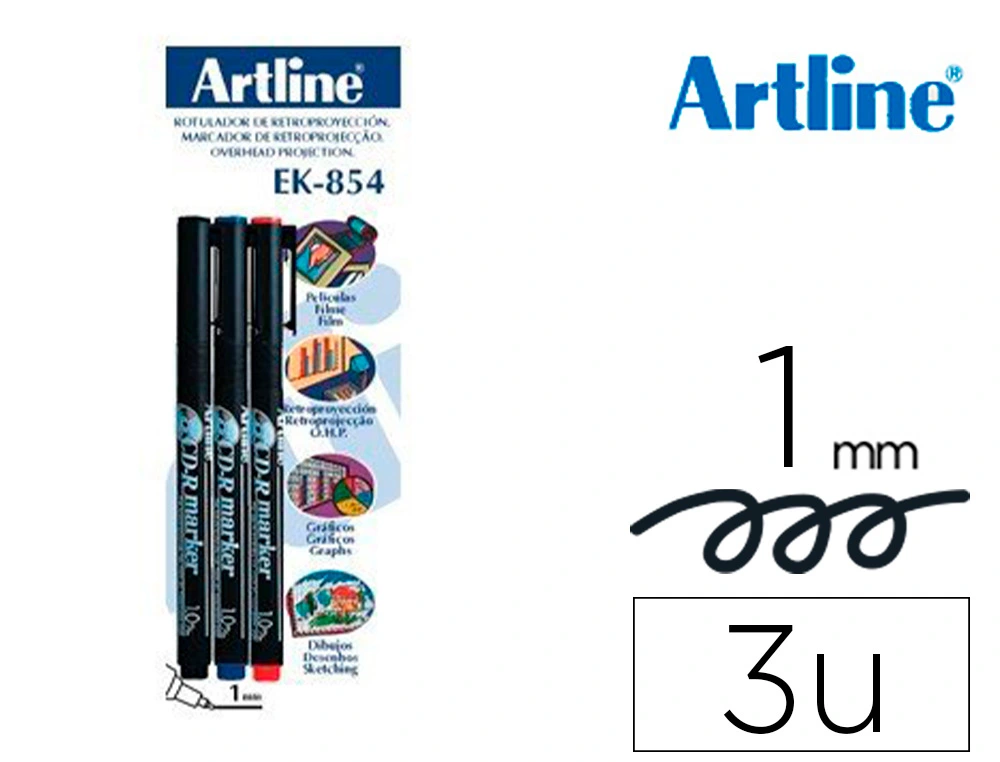 [41171] Rotulador artline retroproyeccion punta fibra permanente ek-854 1 mm -blister de 3 (1-ne 1-az 1-ro)