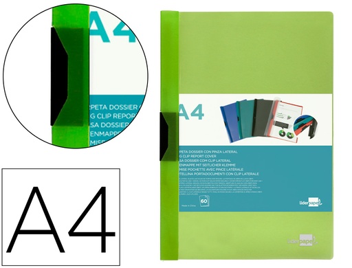 [11307] Carpeta liderpapel dossier pinza lateral polipropileno din a4 verde translucido 60 hojas pinza deslizante