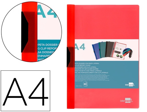 [11304] Carpeta liderpapel dossier pinza lateral polipropileno din a4 rojo translucido 60 hojas pinza deslizante