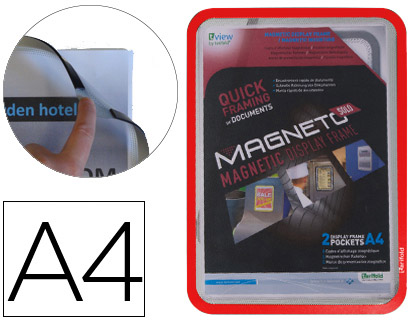 [76187] Marco porta anuncios djois magneto din a4 con 4 bandas magneticas en el dorso color rojo pack de 2 unidades