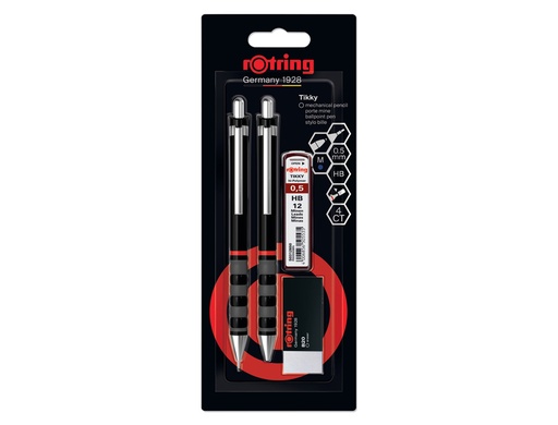 [173613] Set portaminas rotring tikky 0,5 mm color negro + boligrafo punta m + goma de borrar b20 + 12 minas hb