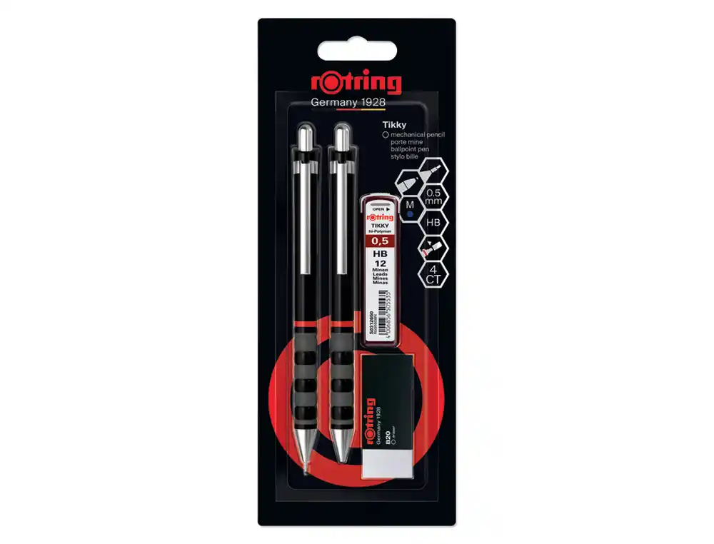 [173613] Set portaminas rotring tikky 0,5 mm color negro + boligrafo punta m + goma de borrar b20 + 12 minas hb