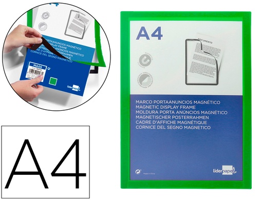 [163712] Marco porta anuncios liderpapel magnetico din a4 dorso adhesivo removible color verde