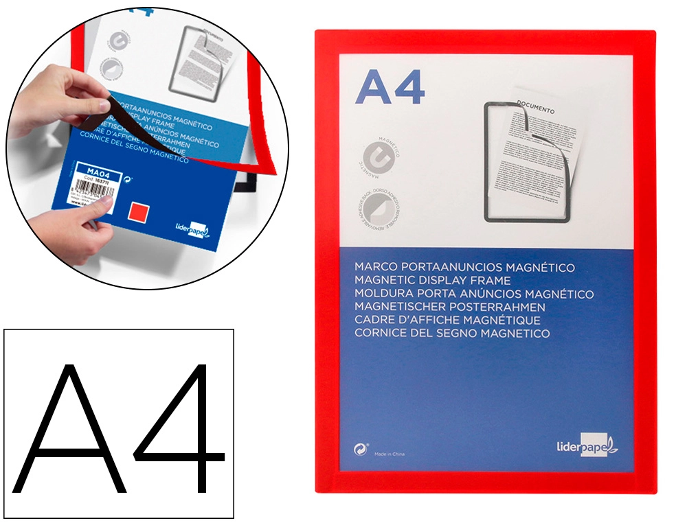 [163711] Marco porta anuncios liderpapel magnetico din a4 dorso adhesivo removible color rojo