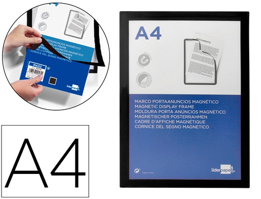 [163710] Marco porta anuncios liderpapel magnetico din a4 dorso adhesivo removible color negro