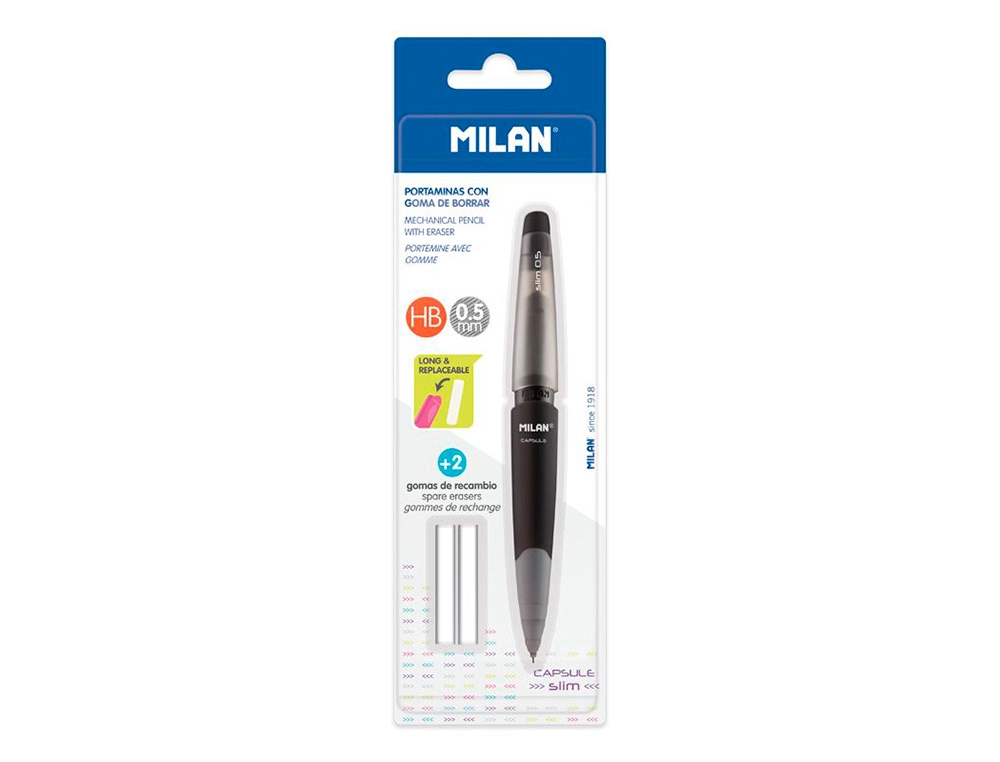 [161338] Portaminas milan capsule slim 0,5 mm + 2 recambios de goma en blister