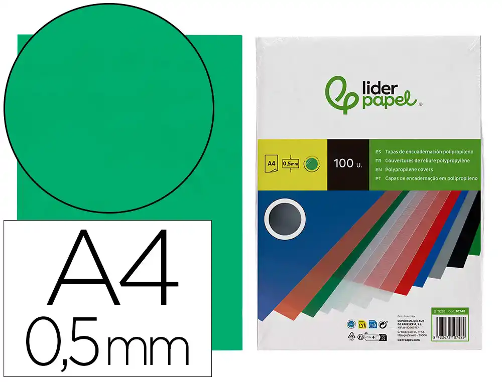 [10748] Tapa encuadernacion liderpapel polipropileno a4 0.5 mm verde translucido paquete de 100 unidades