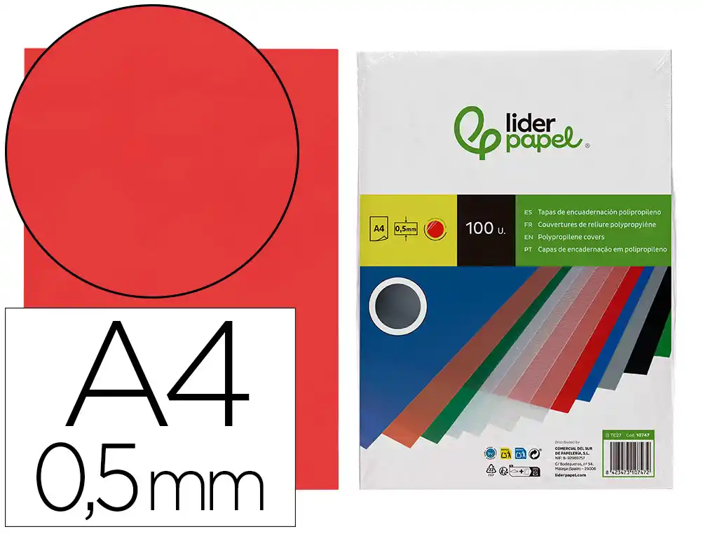 [10747] Tapa encuadernacion liderpapel polipropileno a4 0.5 mm rojo translucido paquete de 100 unidades
