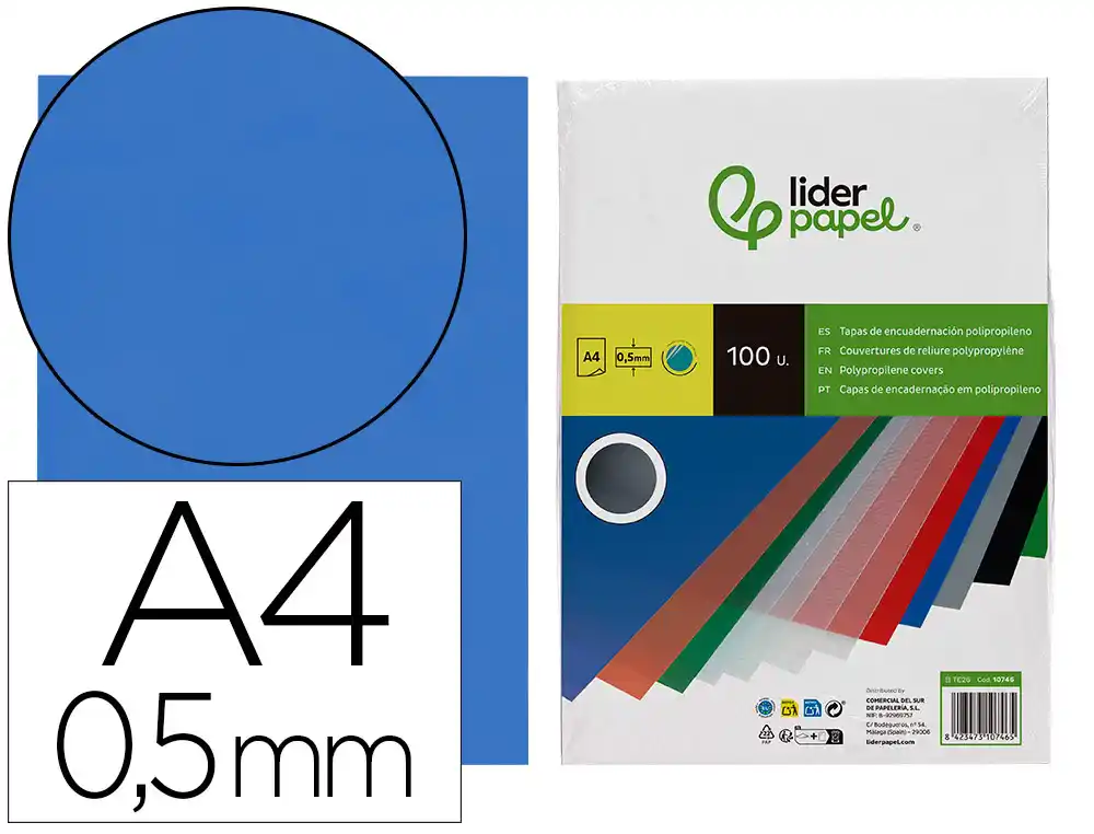 [10746] Tapa encuadernacion liderpapel polipropileno a4 0.5 mm azul translucido paquete de 100 unidades