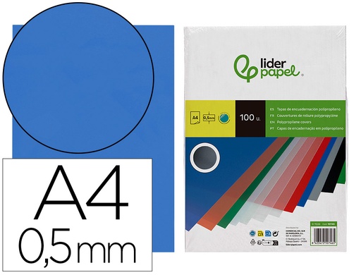 [10746] Tapa encuadernacion liderpapel polipropileno a4 0.5 mm azul translucido paquete de 100 unidades