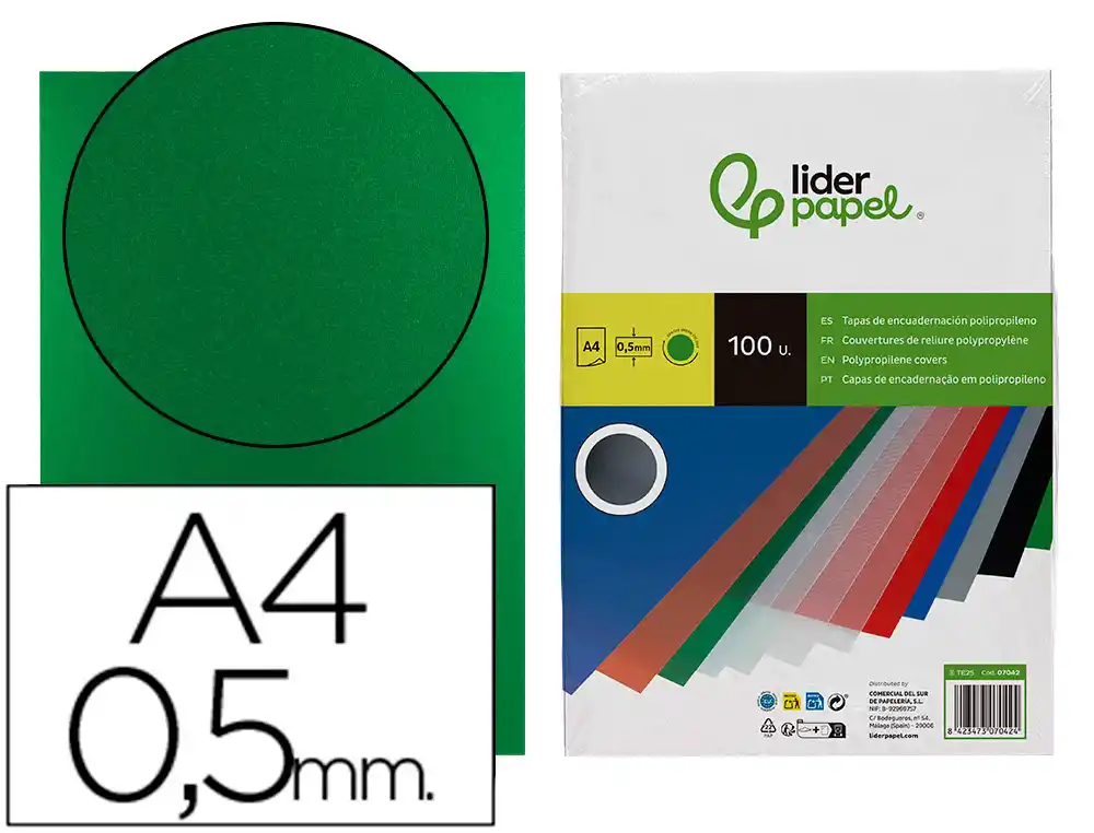 [7042] Tapa encuadernacion liderpapel polipropileno a4 0.5mm verde opaco paquete de 100 unidades