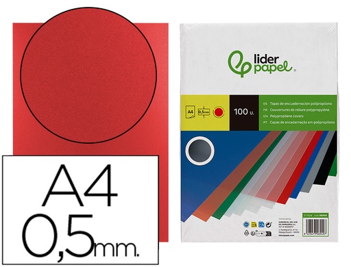 [6949] Tapa encuadernacion liderpapel polipropileno a4 0.5mm rojo opaco paquete de 100 unidades