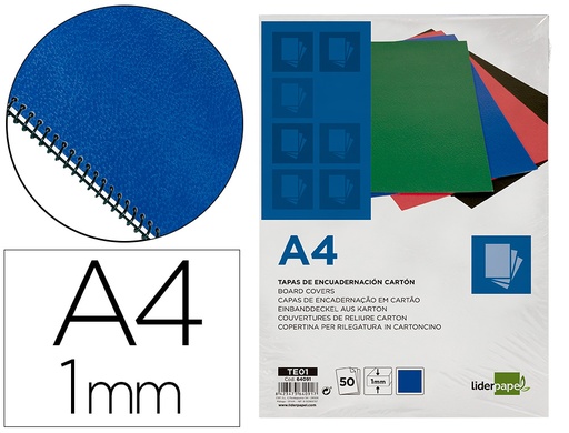 [64091] Tapa encuadernacion liderpapel carton a4 1mm azul paquete de 50 unidades