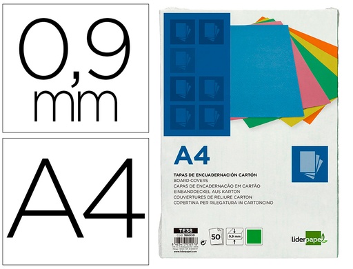 [166059] Tapa encuadernacion liderpapel carton a4 0,9mm verde fluor paquete de 50 unidades