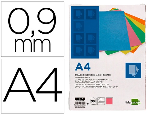 [166058] Tapa encuadernacion liderpapel carton a4 0,9mm rosa fluor paquete de 50 unidades