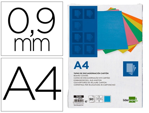 [166056] Tapa encuadernacion liderpapel carton a4 0,9mm azul fluor paquete de 50 unidades